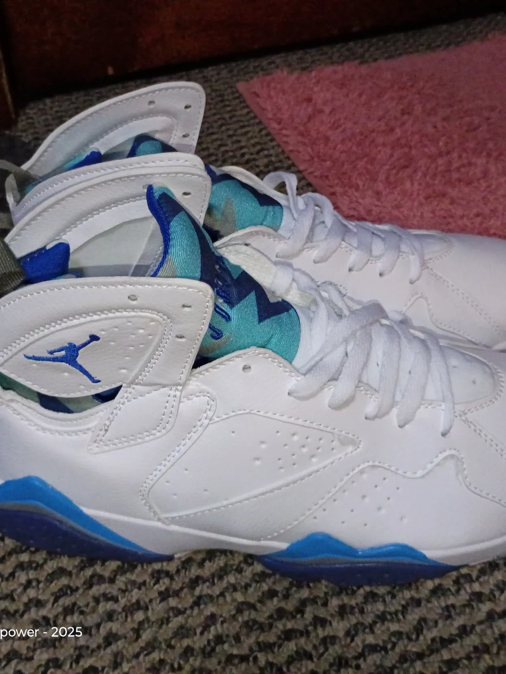 Men's Jordan 7s White and Blue High-Top Basketball Sneakers